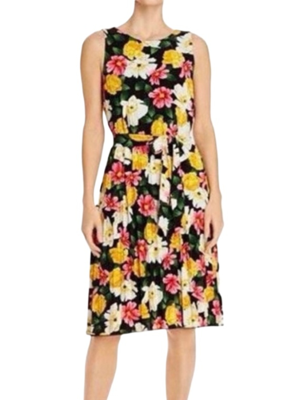 T Tahari Black Floral Print Sleeveless Pleated Belted Midi Dress Size Medium